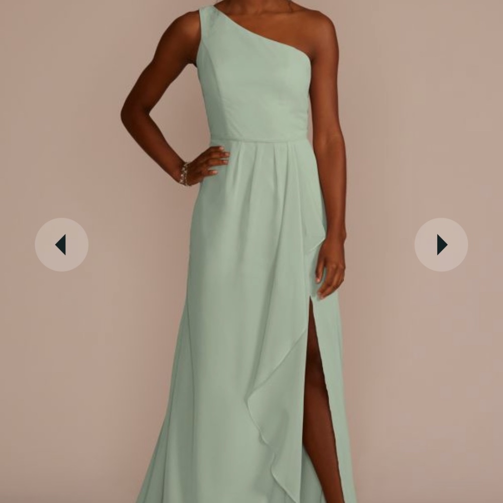 David’s Bridal chiffon one-shoulder bridesmaid dress w cascade Dusty Sage size12